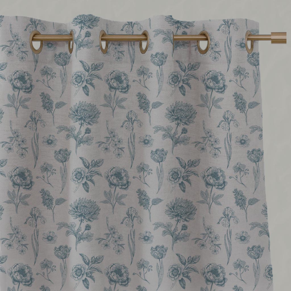 Blue Floral Linen Eyelet Curtain - Cirian Paris Blue - Natural base fabric.