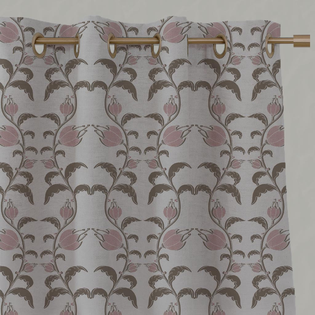 Pink and Brown Patterned Linen Eyelet Curtain - Dana Pink Pebble  - Natural base fabric.