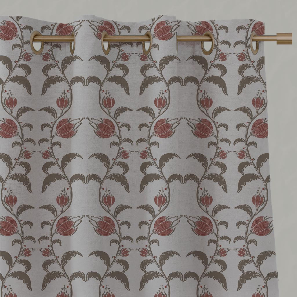 Red and Brown Patterned Linen Eyelet Curtain - Dana Red Pebble  - Natural base fabric.
