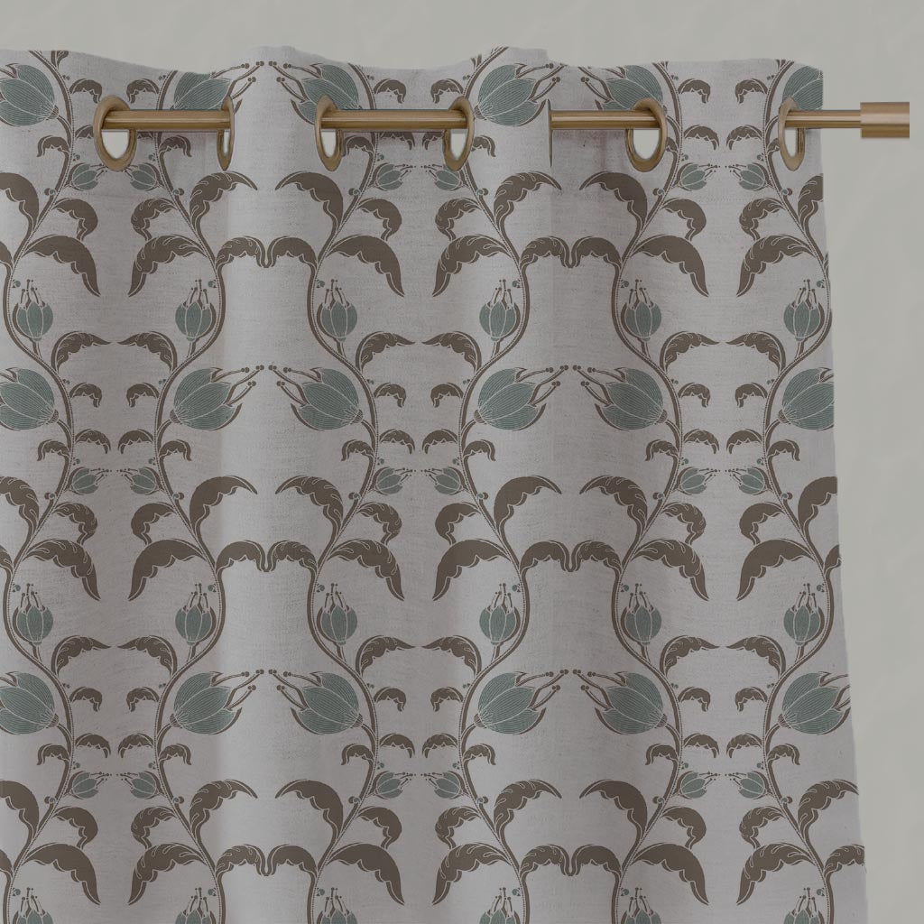 Green and Brown Patterned Linen Eyelet Curtain - Dana Sage Pebble  - Natural base fabric.