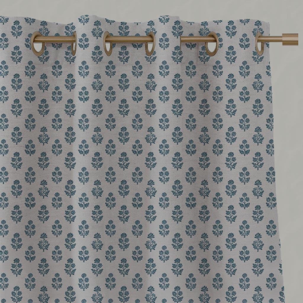 Blue Floral Linen Eyelet Curtain - Doris Blue Stone - Natural base fabric.