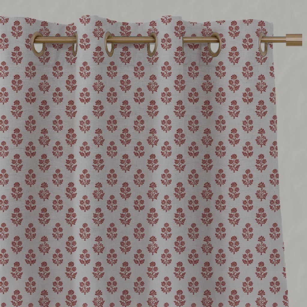 Red Floral Linen Eyelet Curtain - Doris Crimson Red - Natural base fabric.