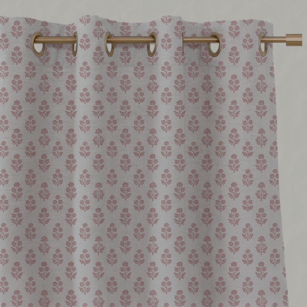 Pink Floral Linen Eyelet Curtain - Doris Dusty Pink - Natural base fabric.