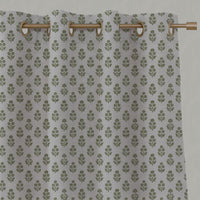 Green Floral Linen Eyelet Curtain - Doris Khaki - Natural base fabric.