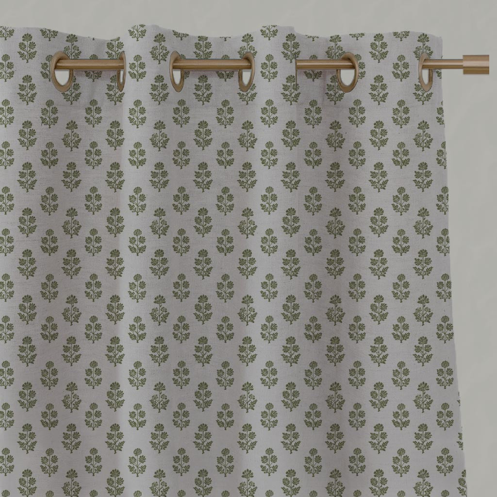 Green Floral Linen Eyelet Curtain - Doris Khaki - Natural base fabric.