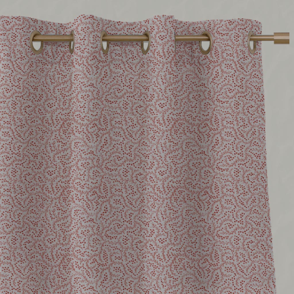Red Abstract Linen Eyelet Curtain - Freeda Crimson Red - Natural base fabric.
