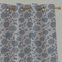 Blue Floral Linen Eyelet Curtain - Hulsey Denim - Natural base fabric.