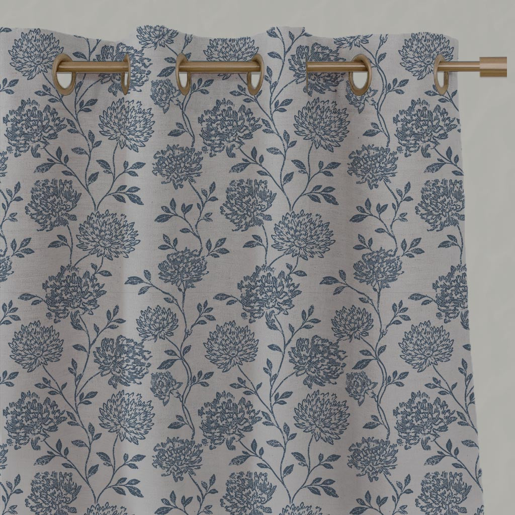 Blue Floral Linen Eyelet Curtain - Hulsey Denim - Natural base fabric.
