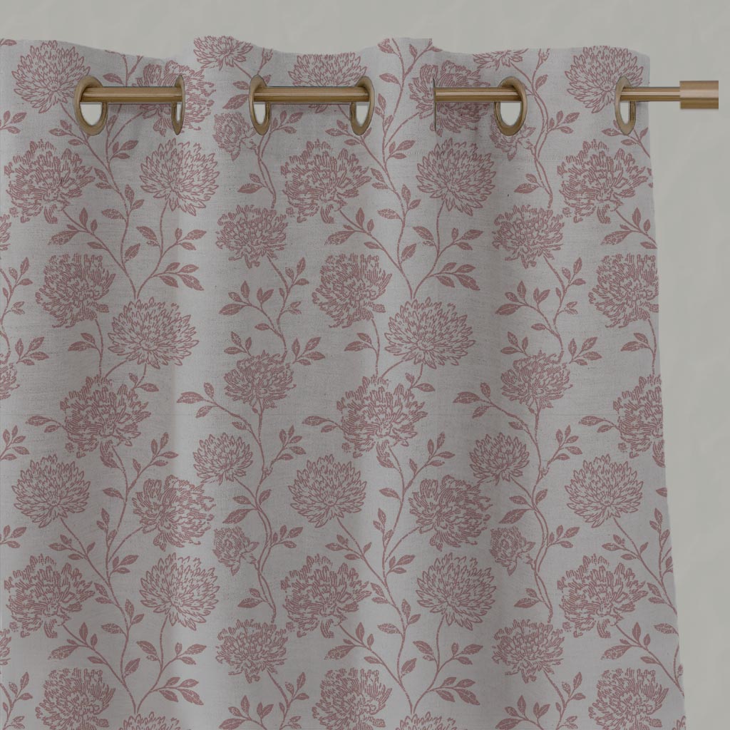 Pink Floral Linen Eyelet Curtain - Hulsey Dusty Pink - Natural base fabric.