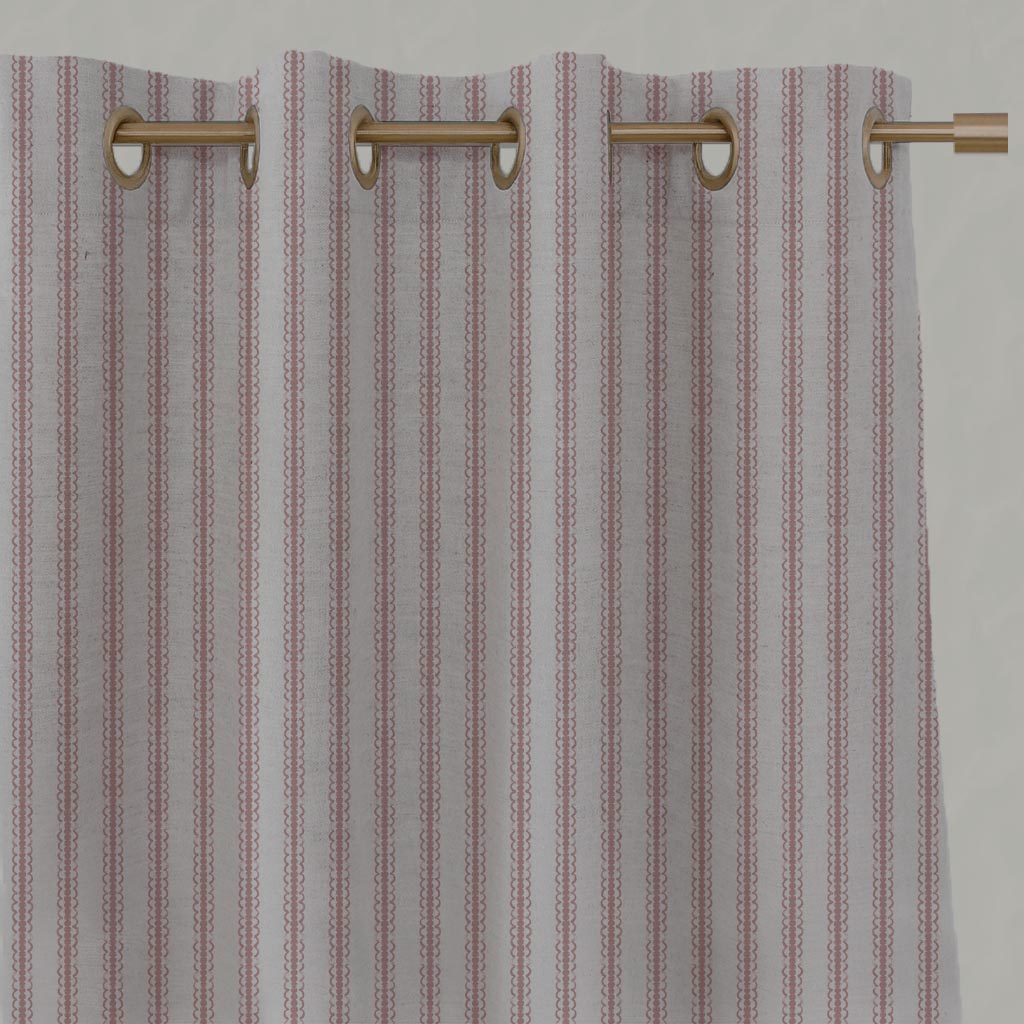 Pink Striped Linen Eyelet Curtain - Kamillah Dusty Pink - Natural base fabric.
