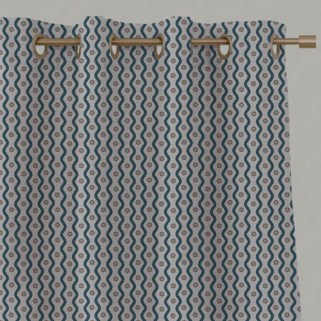 Blue Abstract Linen Eyelet Curtain - Kirabe Blue - Natural base fabric.