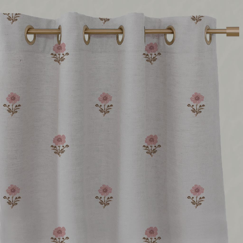 Pink and Brown Floral Linen Eyelet Curtain - Ksandra Pink Sand - Natural base fabric.