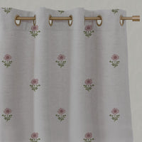 Pink Floral Linen Eyelet Curtain - Ksandra Pink - Natural base fabric.