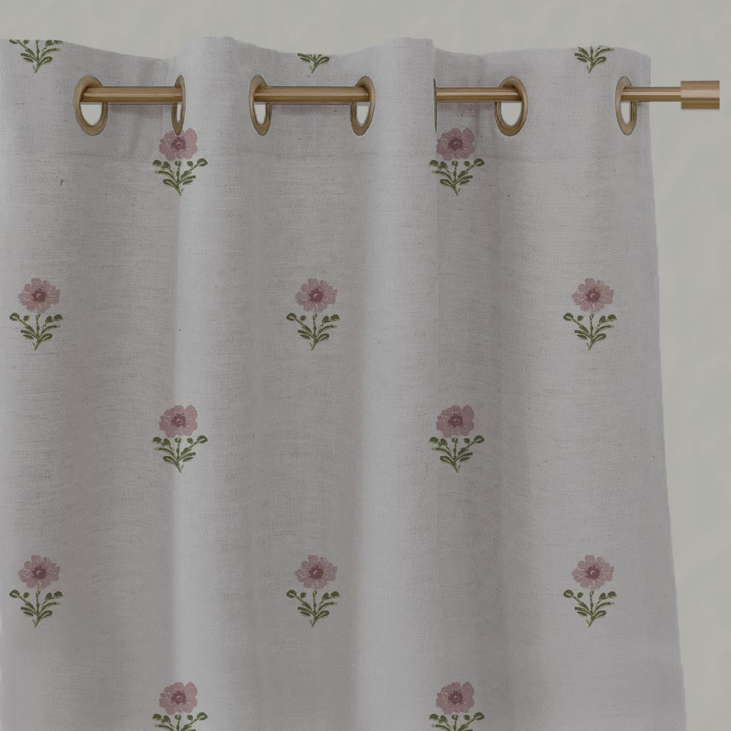 Pink Floral Linen Eyelet Curtain - Ksandra Pink - Natural base fabric.