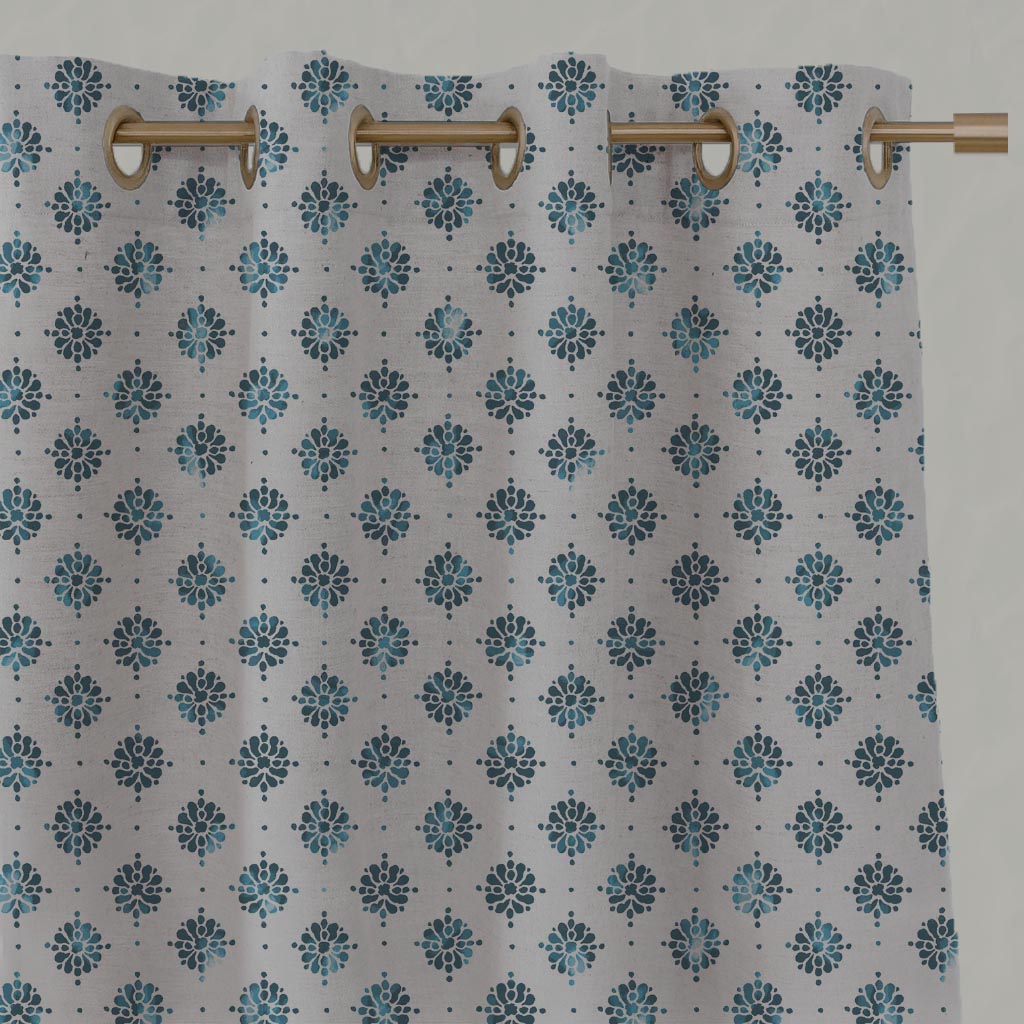 Blue Abstract Floral Linen Eyelet Curtain - Lany Blue Stone - Natural base fabric.
