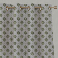 Green Abstract Floral Linen Eyelet Curtain - Lany Khaki - Natural base fabric.