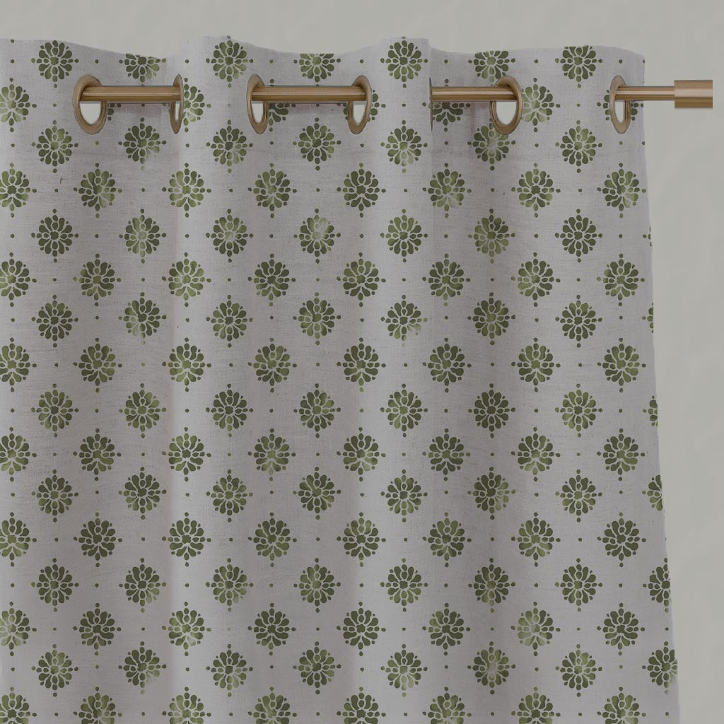 Green Abstract Floral Linen Eyelet Curtain - Lany Khaki - Natural base fabric.