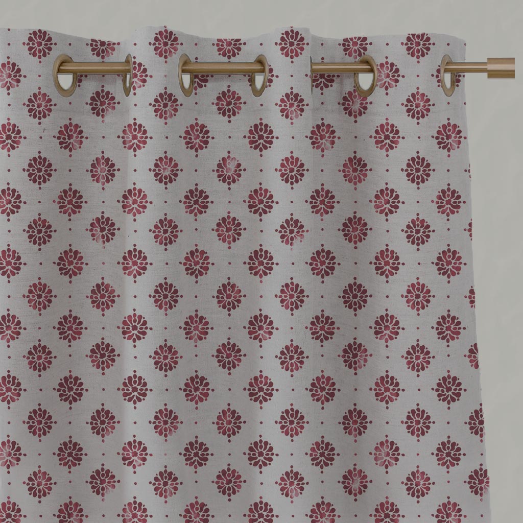 Red Abstract Floral Linen Eyelet Curtain - Lany Wine  - Natural base fabric.