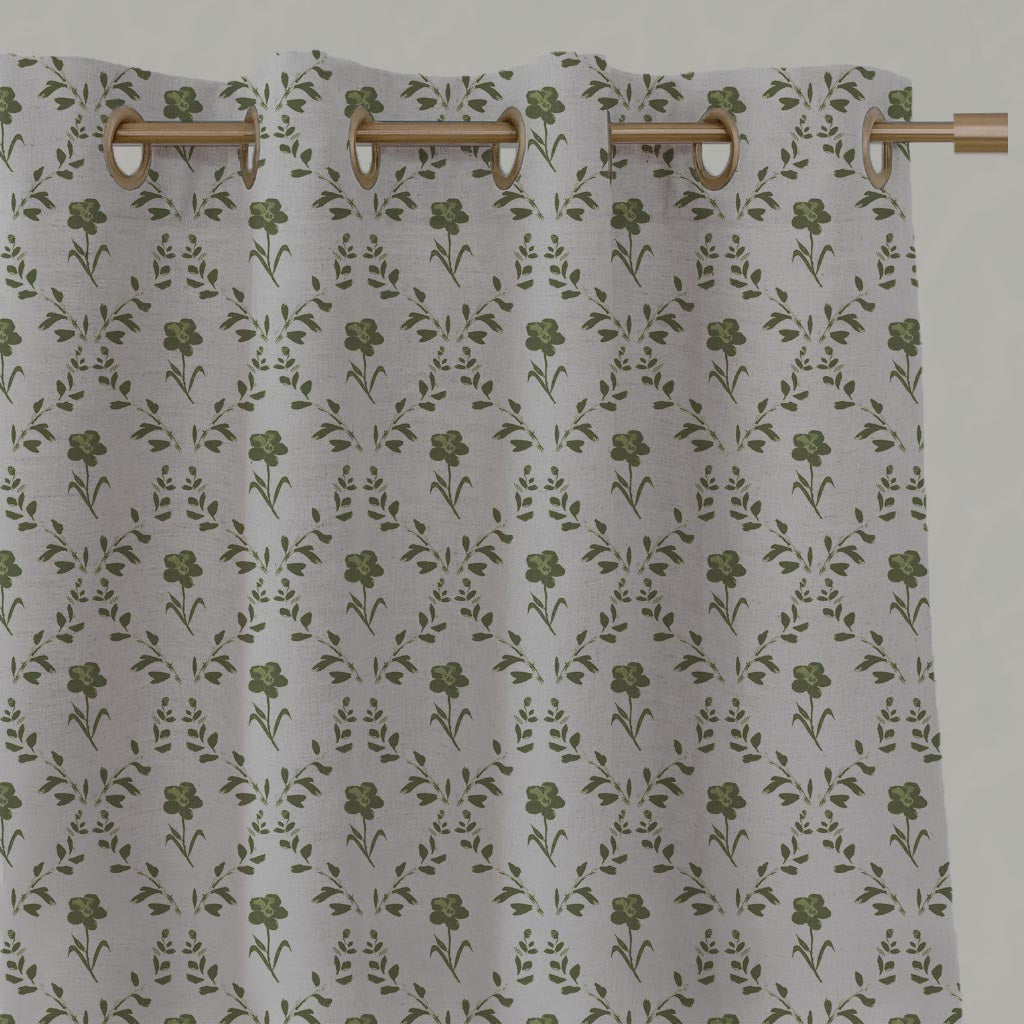 Green Botanical Linen Eyelet Curtain - Lulani Khaki - Natural base fabric.
