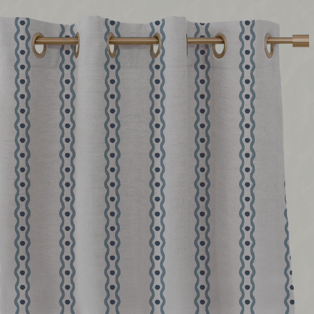 Blue Abstract Striped Linen Eyelet Curtain - Margarie Blue - Natural base fabric.
