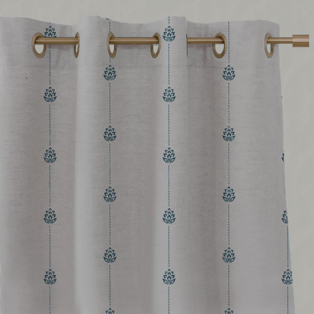 Blue Patterned Stripe Linen Eyelet Curtain - Maybel Blue Stone - Natural base fabric.