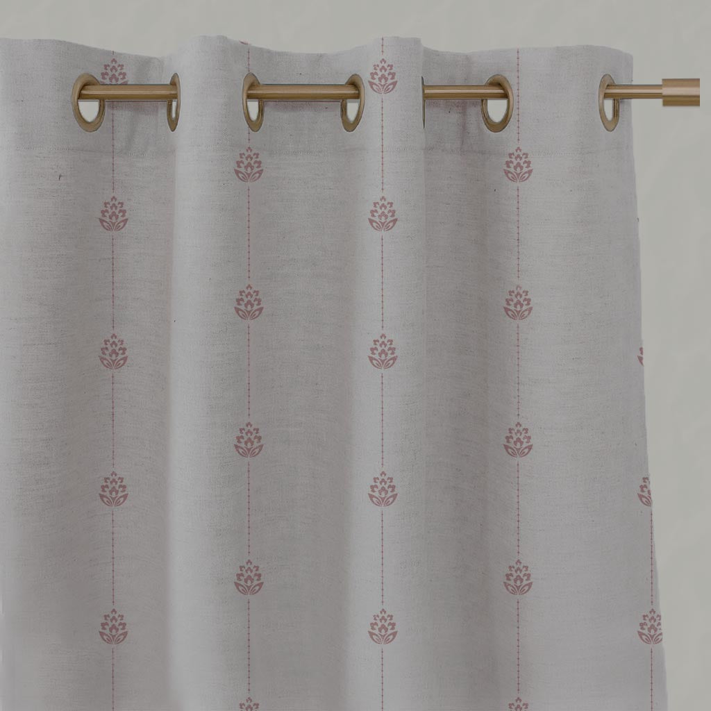 Pink Patterned Stripe Linen Eyelet Curtain - Maybel Dusty Pink - Natural base fabric.