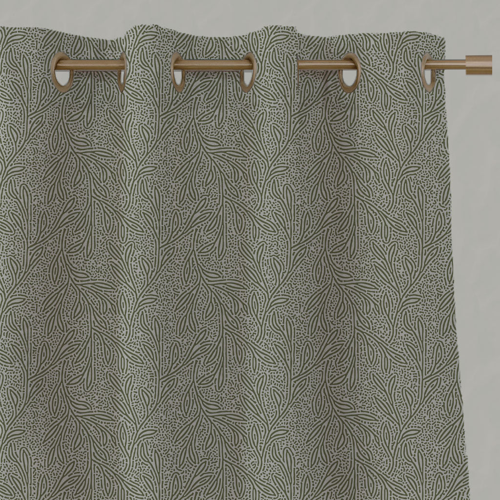 Green Botanical Linen Eyelet Curtains - Alma Khaki - Natural base fabric.