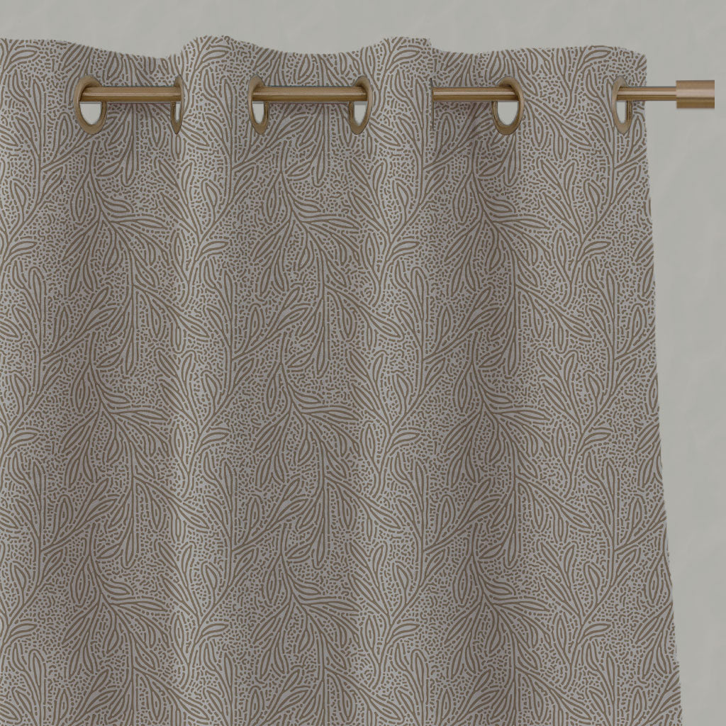 Brown Botanical Linen Eyelet Curtains - Alma Sand - Natural base fabric.
