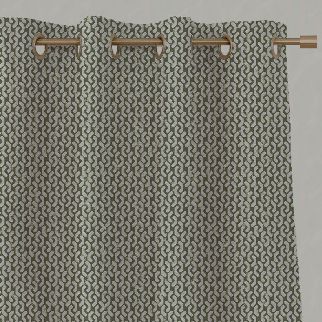 Green Patterned Linen Eyelet Curtains - Arina Khaki - Natural base fabric.