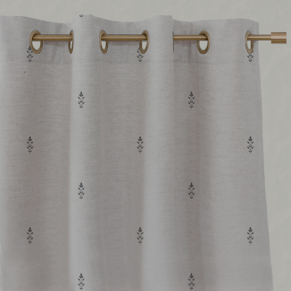 Grey Floral Linen Eyelet Curtains - Asli Ash - Natural base fabric.