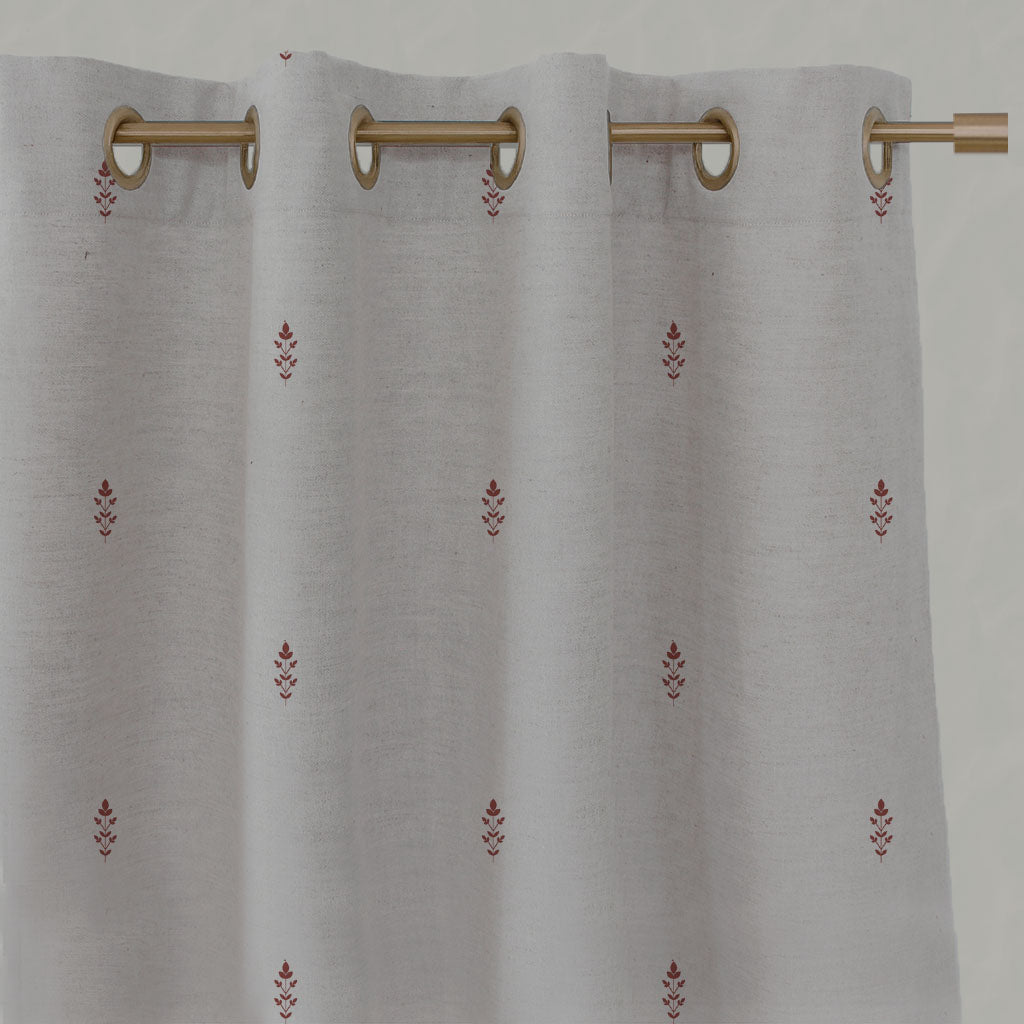 Red Floral Linen Eyelet Curtains - Asli Crimson Red - Natural base fabric.