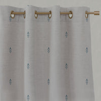 Blue Patterned Linen Eyelet Curtains - Asli Marine - Natural base fabric.