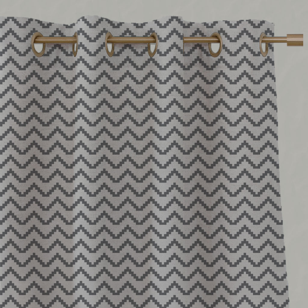 Grey Patterned Linen Eyelet Curtains - Azig Ash - Natural base fabric.