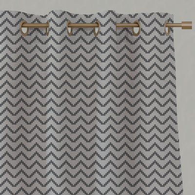 Grey Patterned Linen Eyelet Curtains - Azig Ash - Natural base fabric.