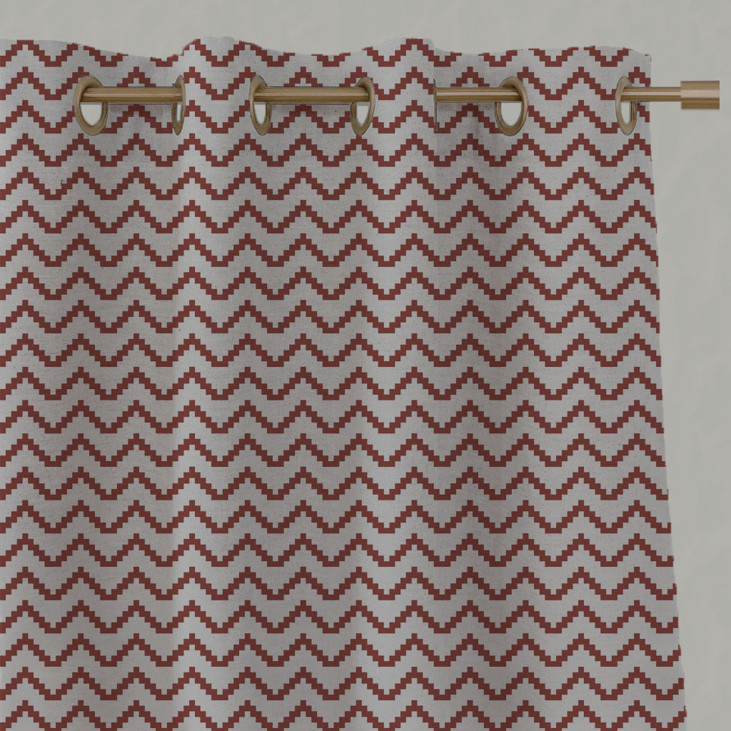 Red Patterned Linen Eyelet Curtains - Azig Crimson Red - Natural base fabric.