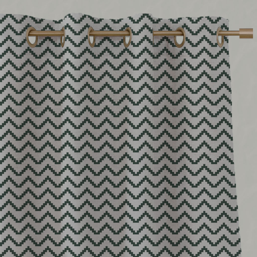 Green Patterned Linen Eyelet Curtains - Azig Dark Pine - Natural base fabric.