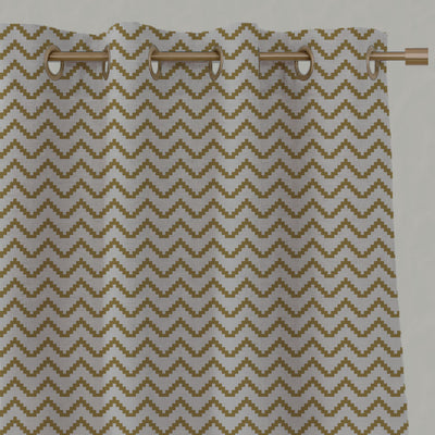 Yellow Patterned Linen Eyelet Curtains - Azig Gold Rod - Natural base fabric.