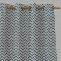 Blue Patterned Linen Eyelet Curtains - Azig Marine - Natural base fabric.