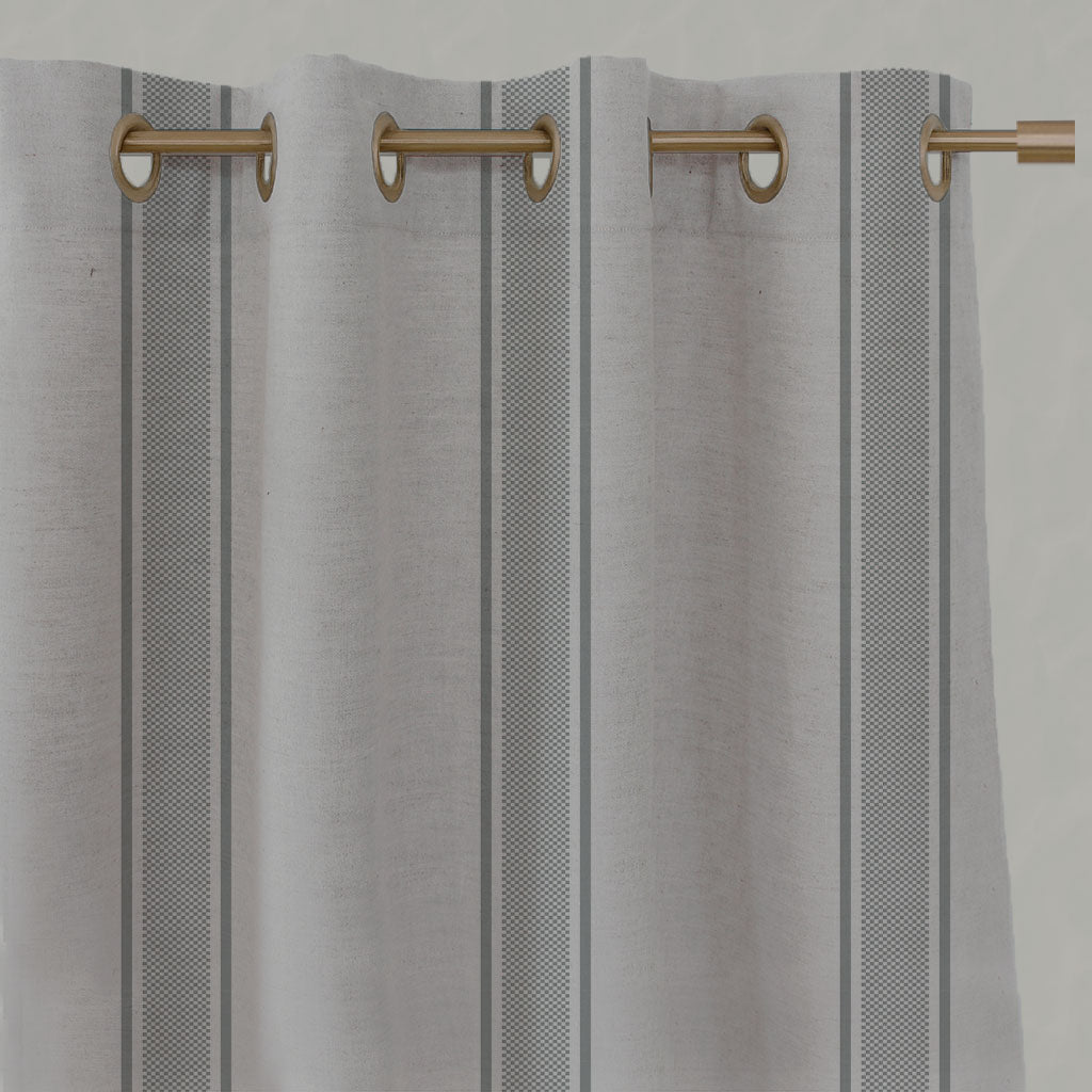 Grey Striped Linen Eyelet Curtains - Bella Greige - Natural base fabric.