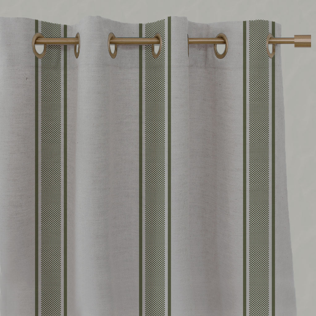Green Striped Linen Eyelet Curtains - Bella Khaki - Natural base fabric.