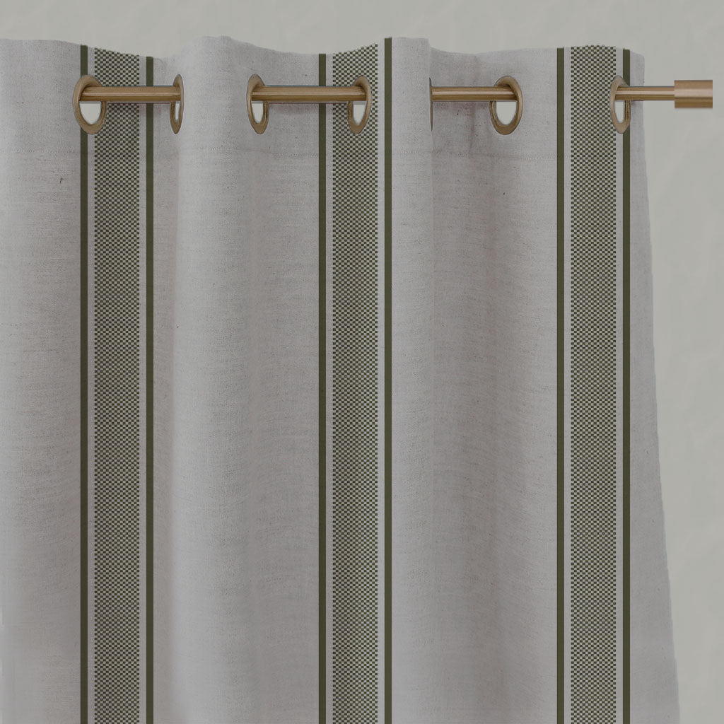 Green Striped Linen Eyelet Curtains - Bella Sea Weed - Natural base fabric.