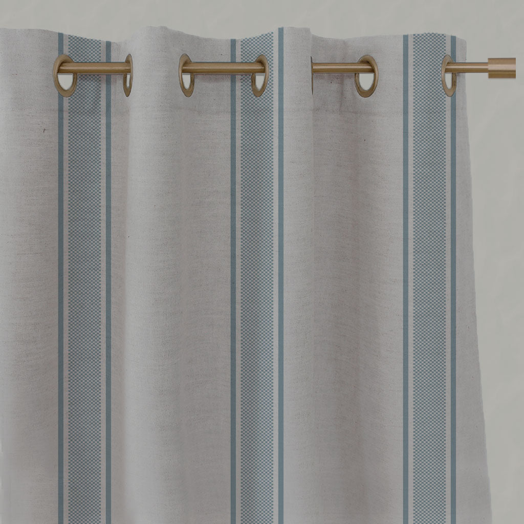 Blue Striped Linen Eyelet Curtains - Bella Sky - Natural base fabric.