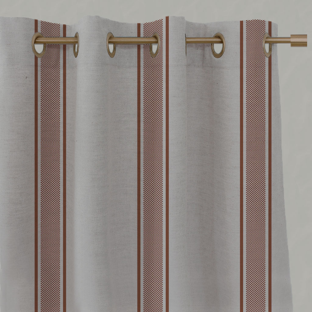 Red / Orange Striped Linen Eyelet Curtains - Bella Terracotta - Natural base fabric.
