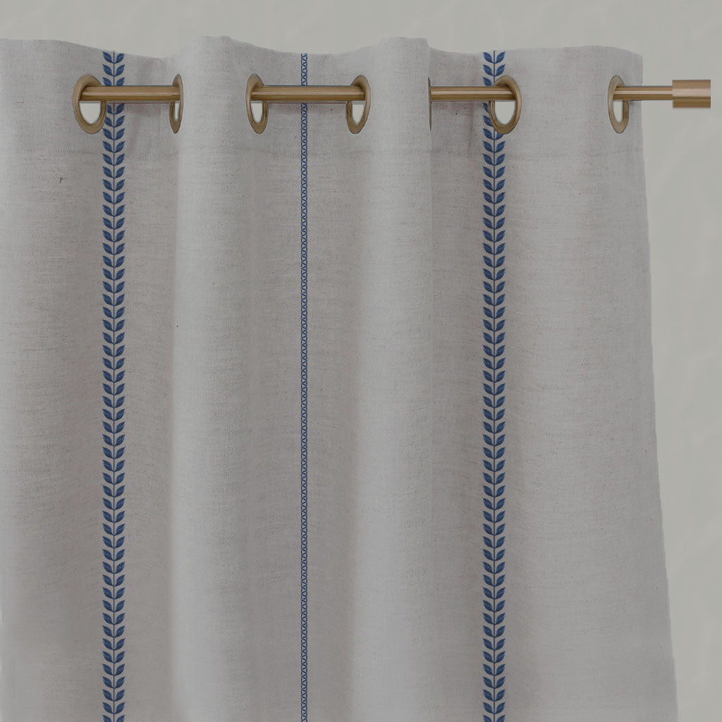 Blue Striped Linen Eyelet Curtains - Berit-NAT Night Blue - Natural base fabric.