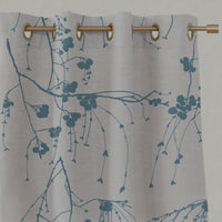 Blue Patterned Linen Eyelet Curtains - Berry Marine - Natural base fabric.