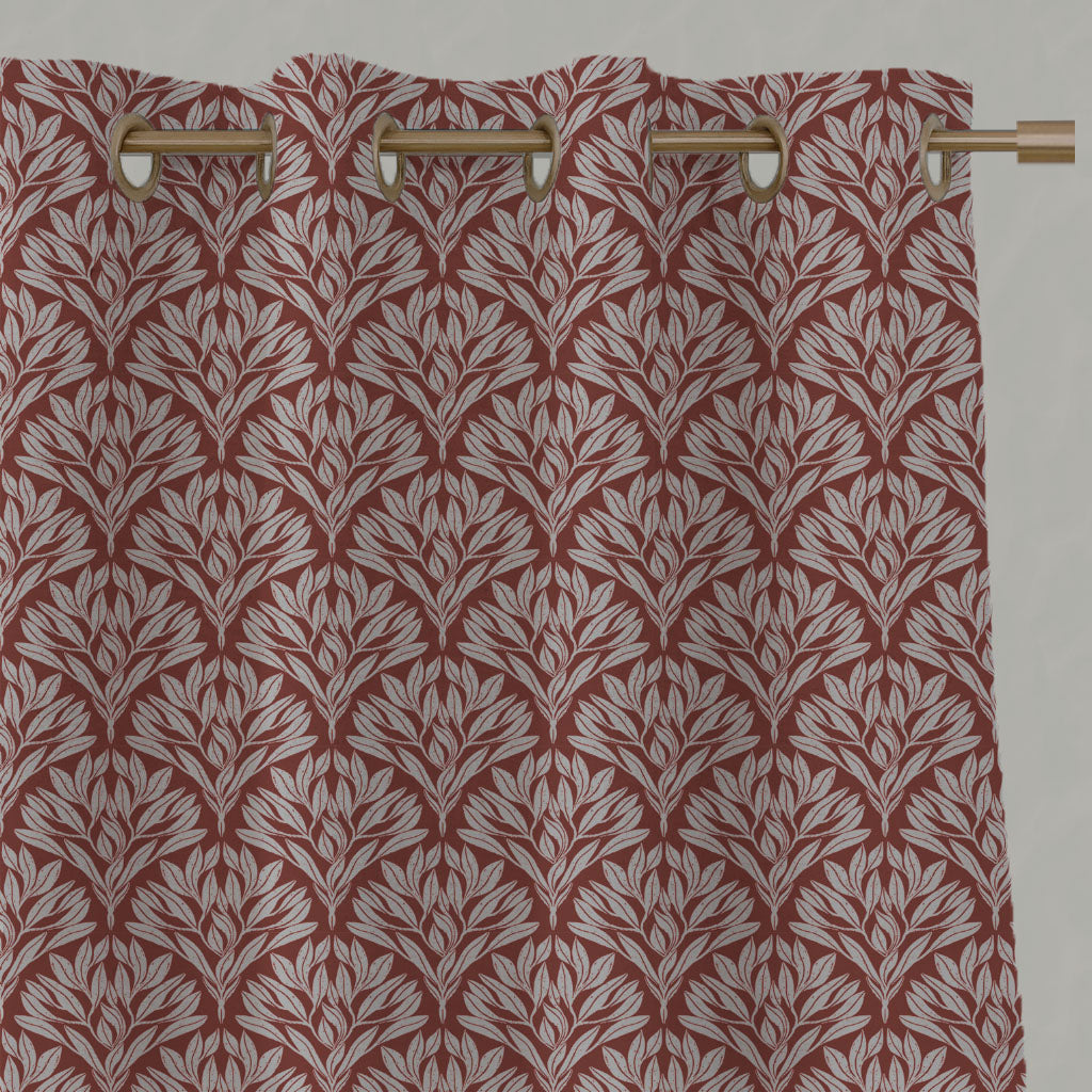 Red Botanical Linen Eyelet Curtains - Birna Crimson Red - Natural base fabric.