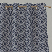 Blue Botanical Linen Eyelet Curtains - Birna Deep Blue - Natural base fabric.