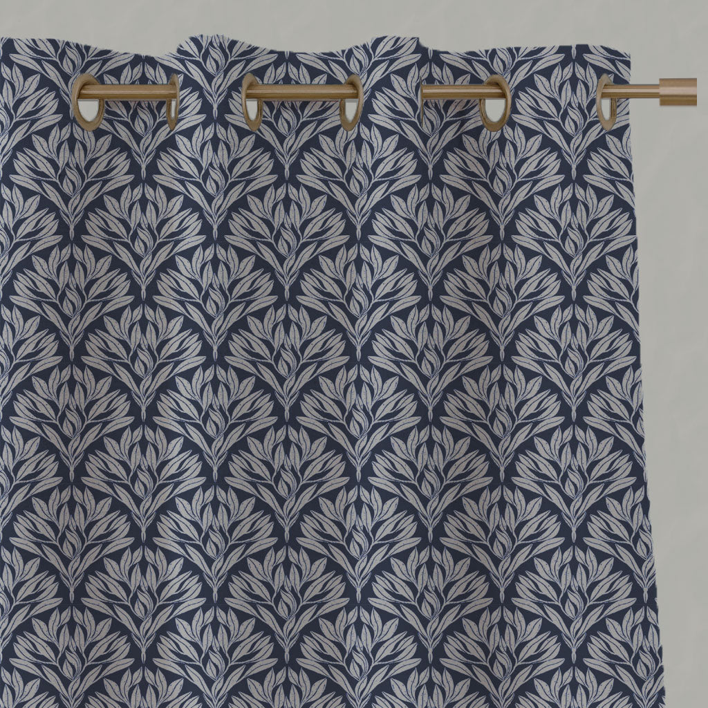 Blue Botanical Linen Eyelet Curtains - Birna Deep Blue - Natural base fabric.