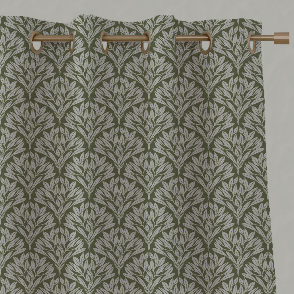 Green Botanical Linen Eyelet Curtains - Birna Khaki - Natural base fabric.