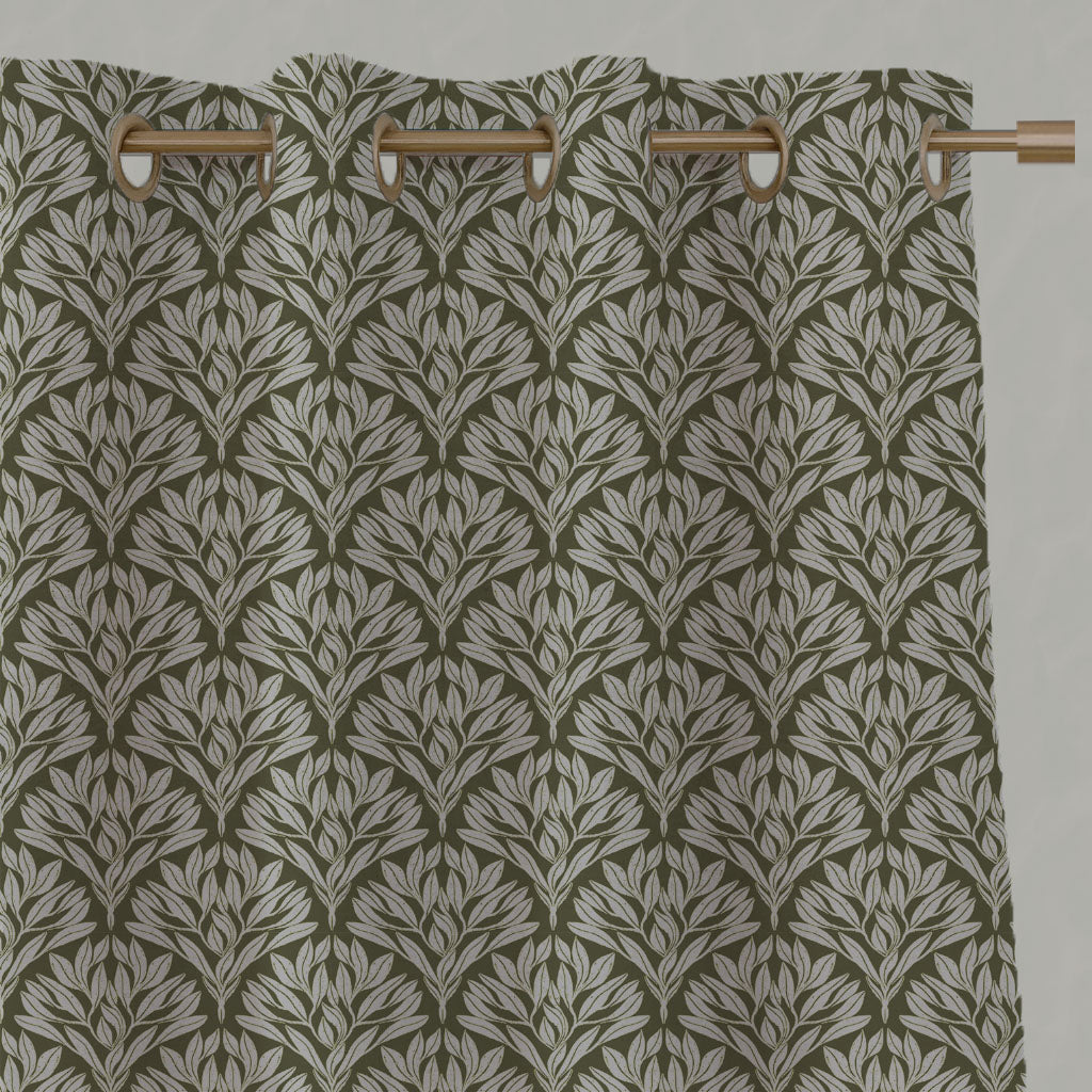 Green Botanical Linen Eyelet Curtains - Birna Seaweed - Natural base fabric.